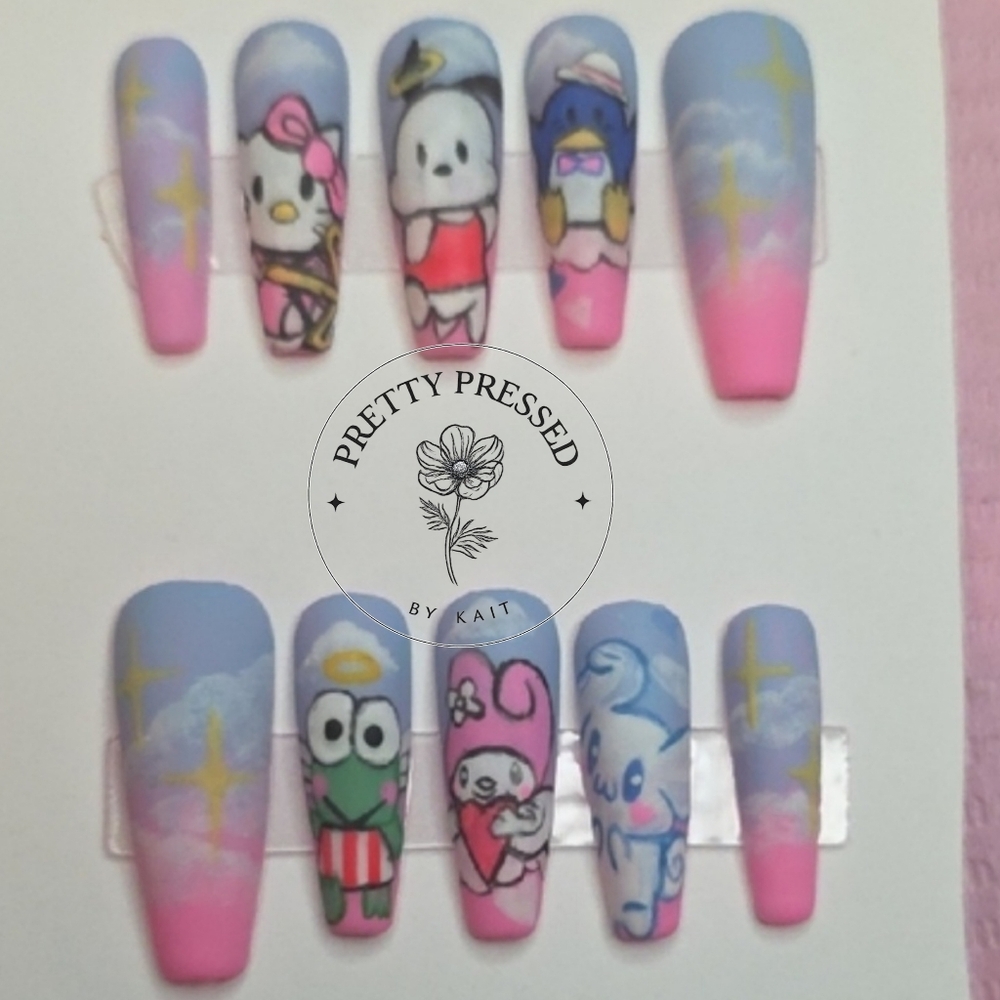 Cute Character Press-On Nails - Pink and Blue